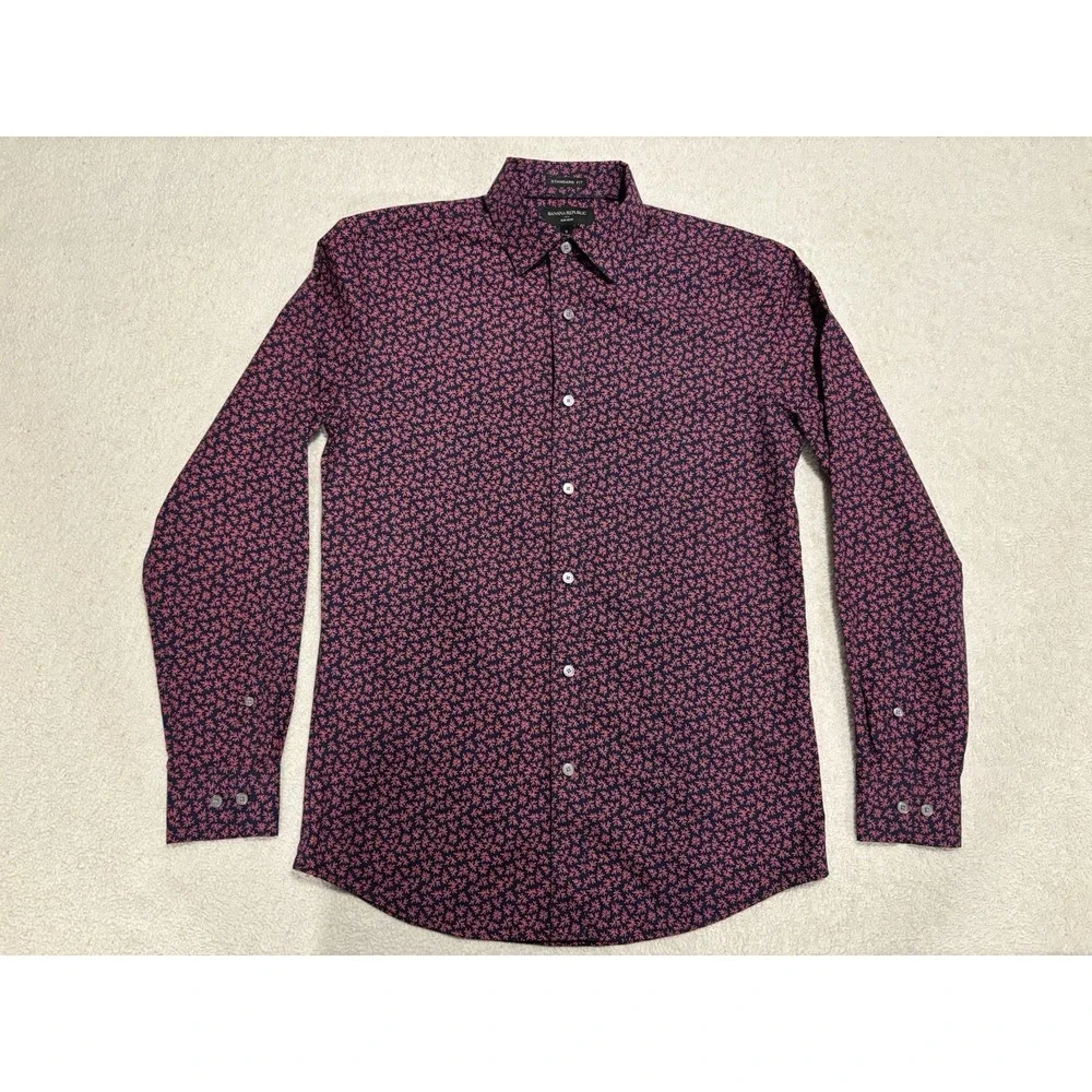 Banana Republic Navy‎ Red Floral Print Standard Fit Non Iron Button Shirt Mens L